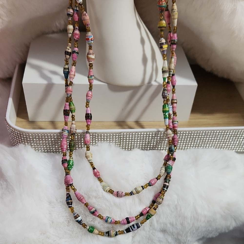 Teng Yue Pink and Green Double-Triple Beaded Necklace